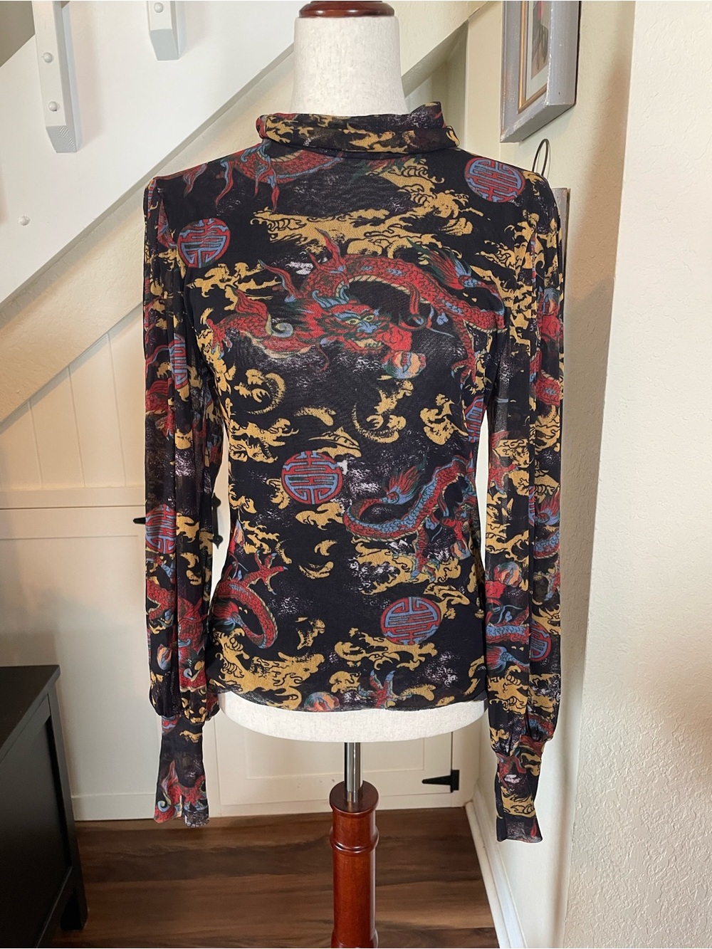 VTG Only Hearts NYC Dragon Print Sheer Mesh Mock Neck Top Y2K Fairy Grunge M/L